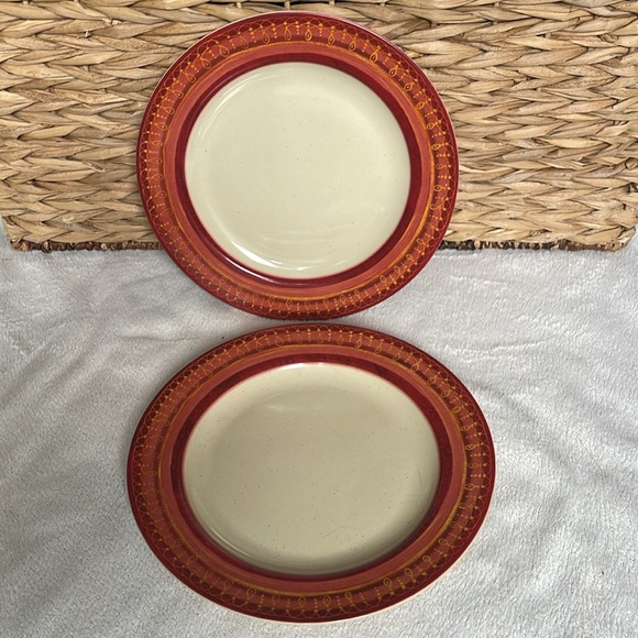 Pier 1 Lugano Set of 2 8” Salad Dessert Plates Fall Orange Red Tan Edge - Picture 3 of 6